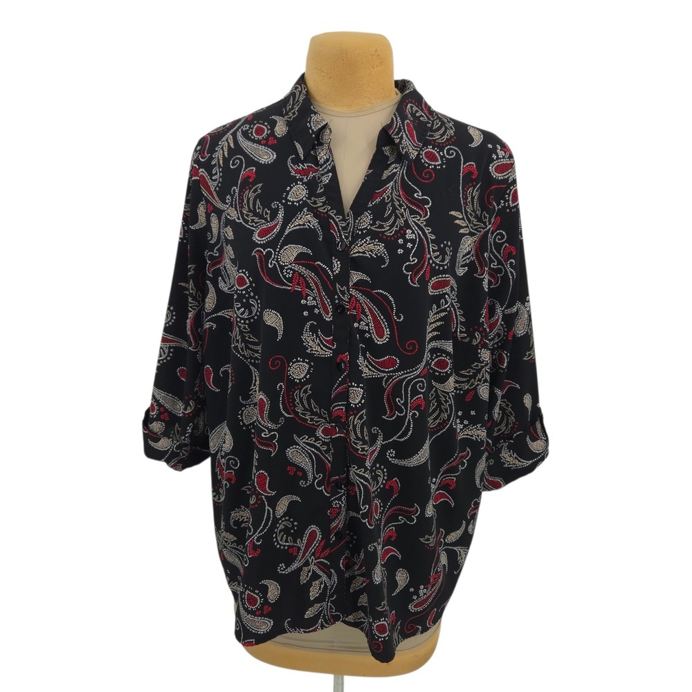 Catherines Women 2X Paisley Button Down Shirt Black Red 3/4 Sleeve Career Casual